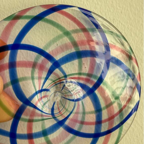 Vintage Vitrix Hand Blown Glass Disc Ornament Signed Spiral Blue Pink Green 1994 - Picture 7 of 8